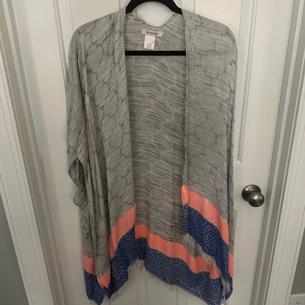 Gray Open Front Cardigan with Pink and Blue Accents